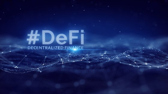 DeFi - Decentralized Finance text on dark blue abstract polygonal background