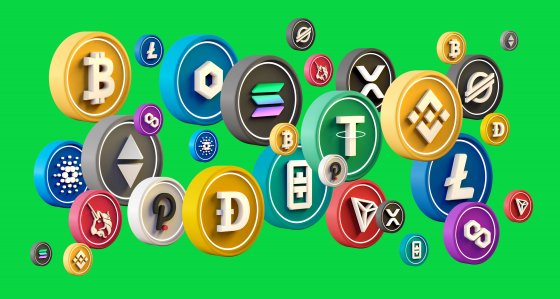 A selection of crypto coins with various crypto logos against a green backdrop