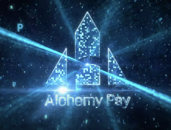 The Alchemy Pay logo in blue with a triangle shape on a blue space-age background with light through a prism