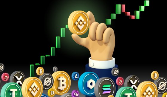 A hand holding up a BNB coin above other cryptocurrencies