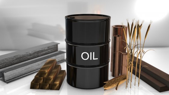 Global international commodity trade in oil, gold, silver, copper, corn and wheat on the commodities market