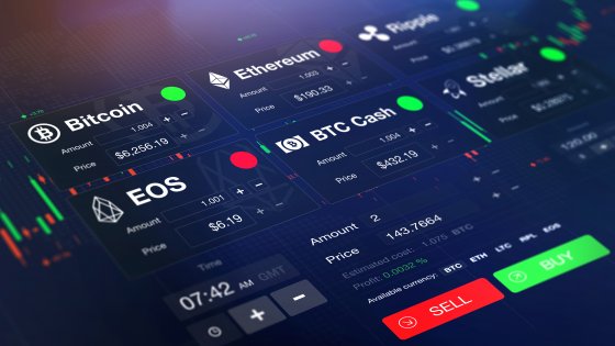 Futuristic crypto exchange with chart, numbers and BUY and SELL options