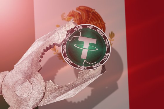 Tether coin in clamp against Mexico’s national flag – Photo: Shutterstock