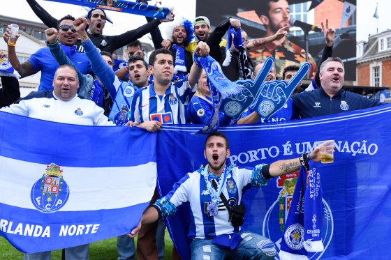 FC Porto fans holding banner in Leicester, UK in 2016