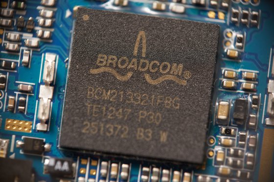 A Broadcom chip close up, with the Broadcom logo highllighted