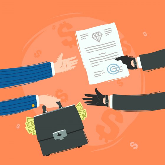 2D image of businesspeople swapping documents for money. Corruption concept – Photo: Shutterstock