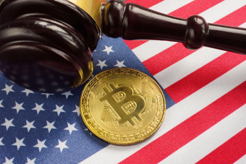 Crypto regulation law in US, gavel, flag and bitcoin