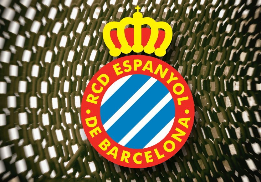 Coat of arms RCD Espanyol, a red circle with a blue and white striped circle inside, and featuring a yellow and red crown on top