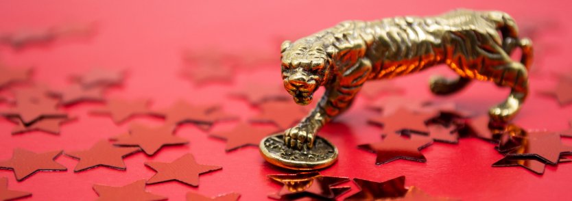 A tiger figure with a coin on a red starred background