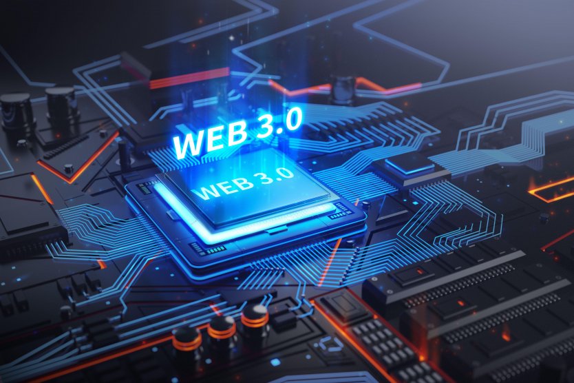Web3 in neon blue light above a circuit board