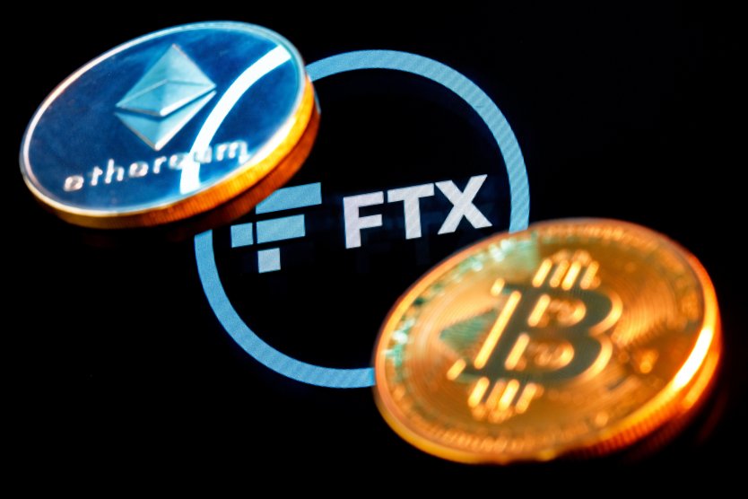 FTX logo surrounded by bitcoin and ethereum