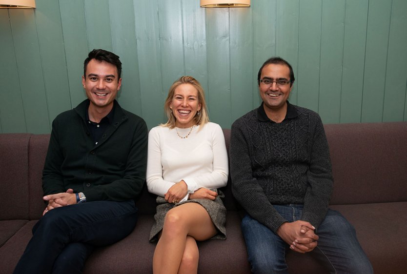 Three members of the Blossom Capital team sitting on a sofa. Left to right: Alex Lim, Ophelia Brown and Imran Ghory 