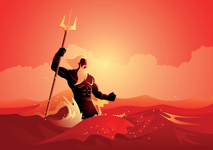 An illustration of Poseidon in a red sea
