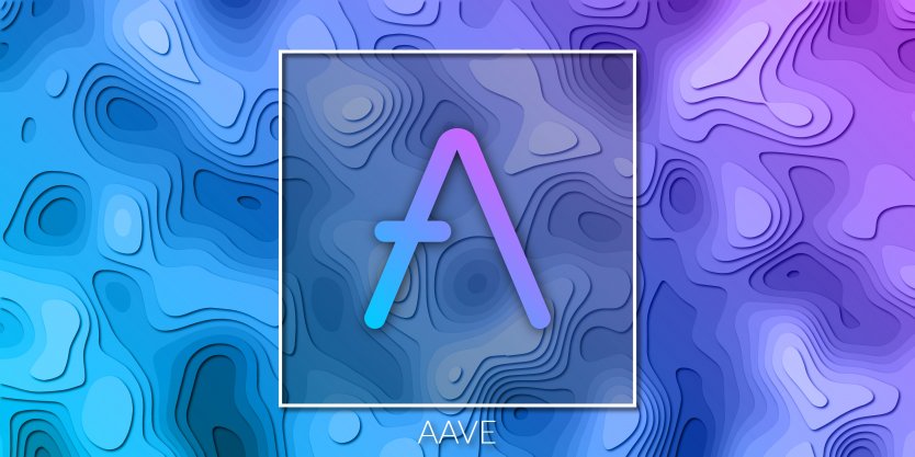 The Aave logo on a blue and purple layered background