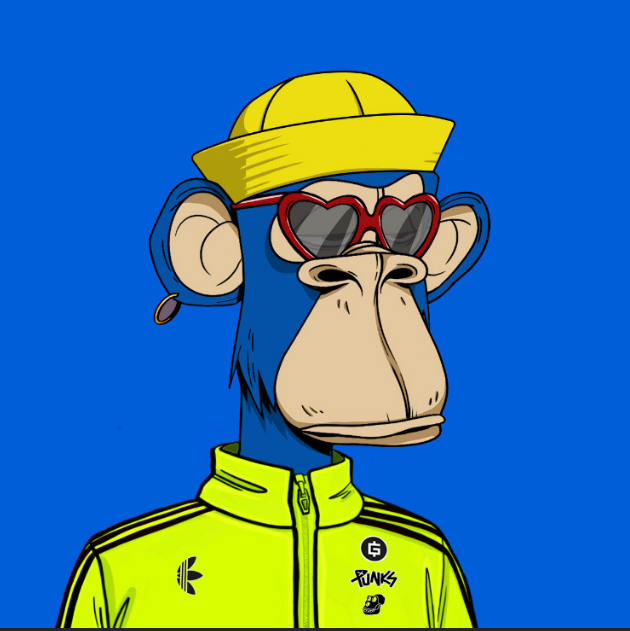 The Adidas Bored Ape Yacht Club design features an ape dressed in a yellow Adidas top against a blue background