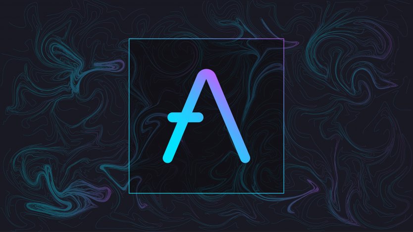 Aave logo in front of a purple and blue liquid background