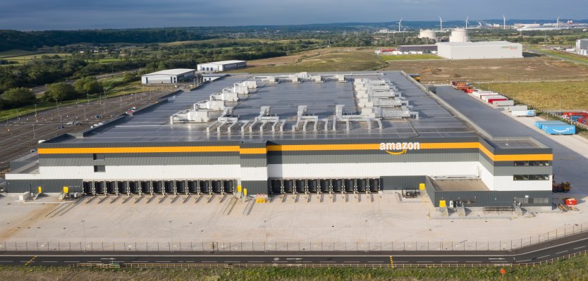 Aerial view of Amazon warehouse and distribution centre, Avonmouth, UK
