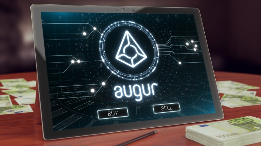 A tablet displays the Augur logo with buy and sell buttons under it