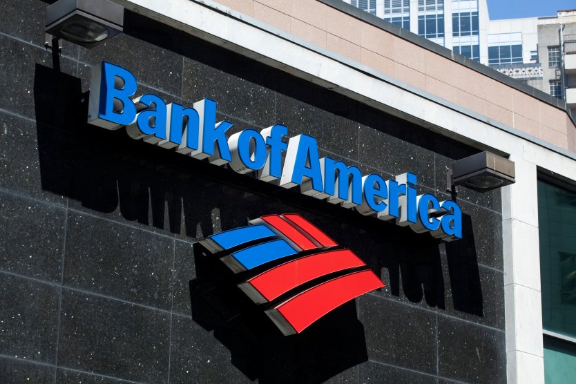 Exterior view of building showing the Bank of America logo 