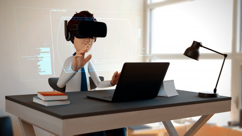 An illustration of a person with a VR headset at an office desk