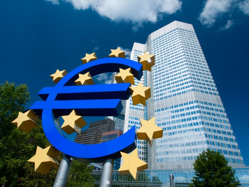 The euro currency symbol surrounded by starts outside the European Central Bank in Frankfurt, Germany