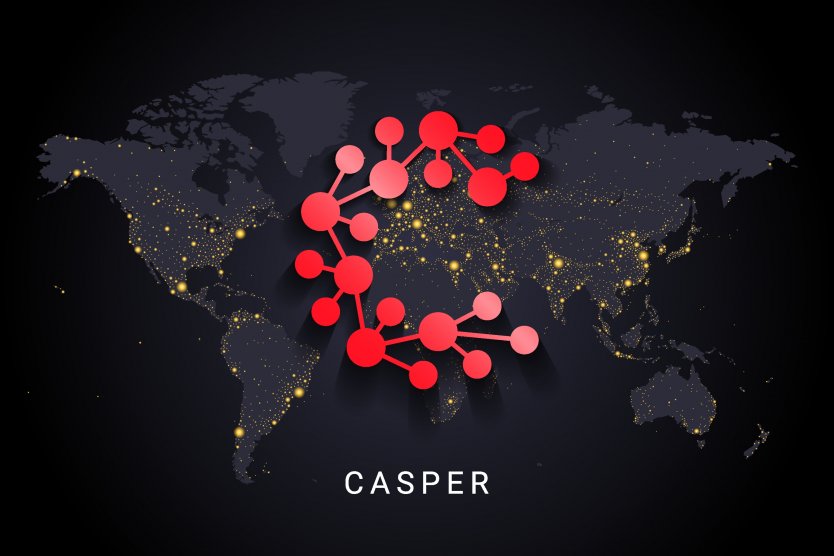 Casper logo comprised of red dots arranged into a circular formation, transposed across a dark map of the world with urban areas lit up using yellow dots, as if at night