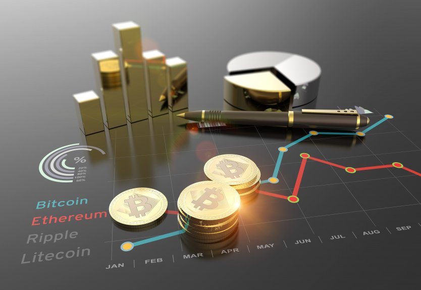 A table with a price graph, pens, and physical bitcoins
