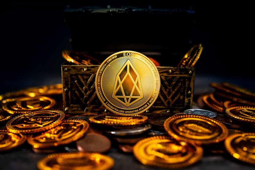 The EOS cryptocurrency in a treasure box