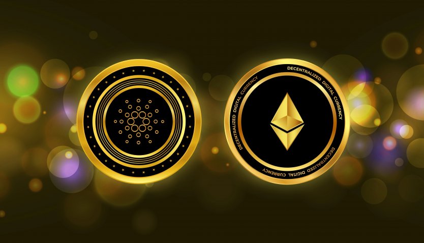The ETH and ADA logos on two separate gold coins 