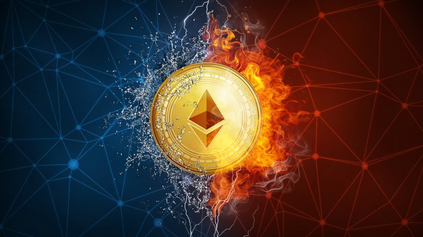 A gold coin with the Ethereum logo with a blue and red background
