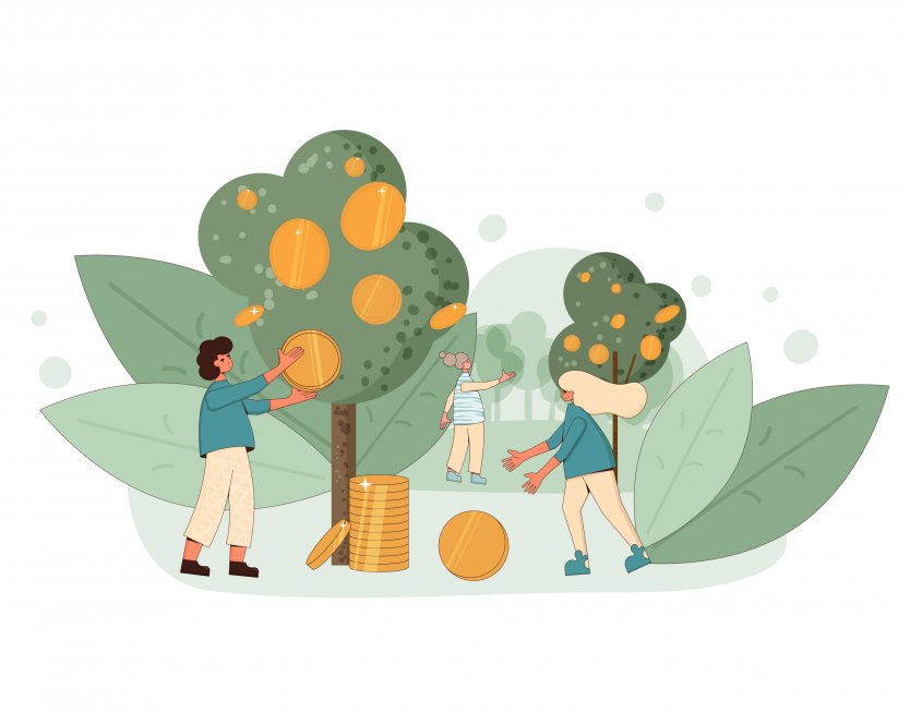 People collecting gold coins from a tree