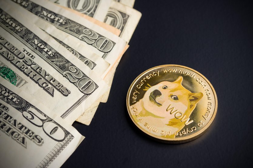 A Dogecoin (DOGE) token and dollar bills