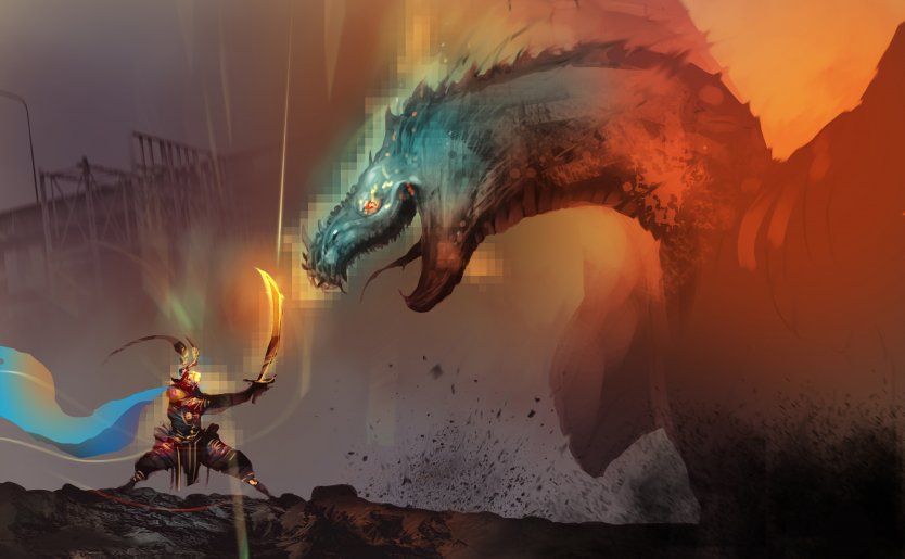 A warrior fighting a dragon 