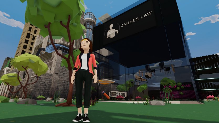 Digital representation of Madeline Zannes standing outside her Zannes Law firm’s offices in the metaverse