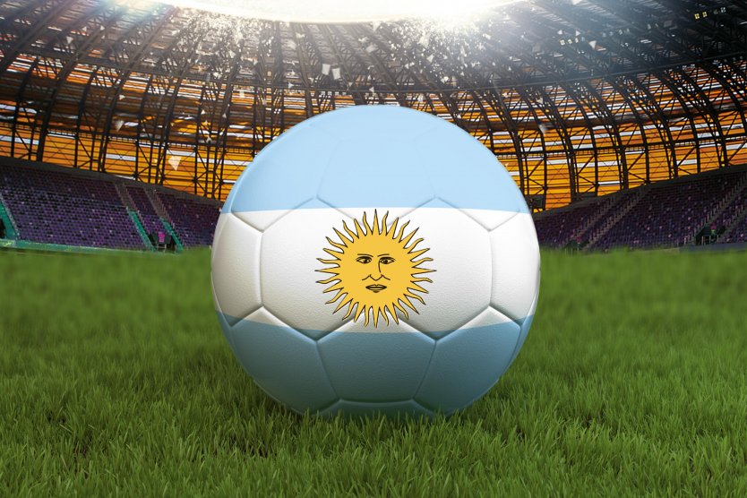 A football adorned with Argentina’s national team emblem in a stadium