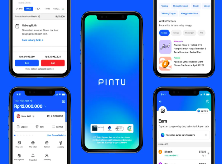 A series of five smartphones display different pages from the Pintu crypto trading app