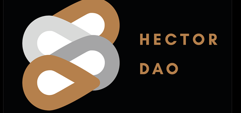 The Hector DAO logo showing a series of tear-drop shapes overlaid on one another in taupe, white and grey on a black background