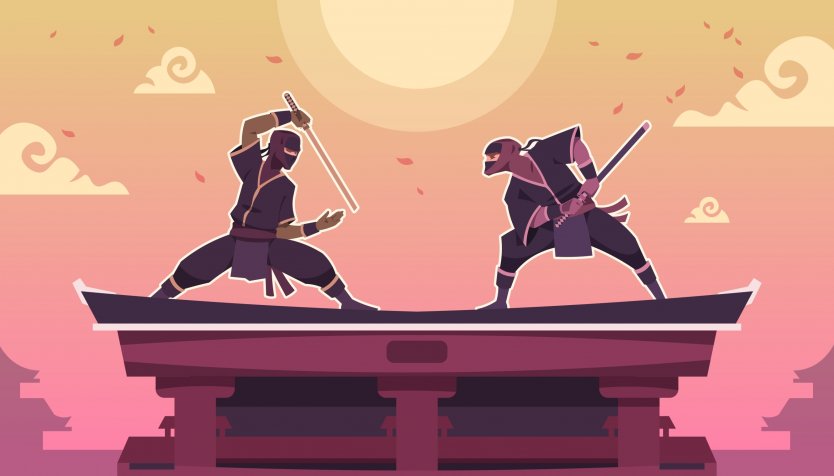 Two ninjas fighting against a pink and orange sky
