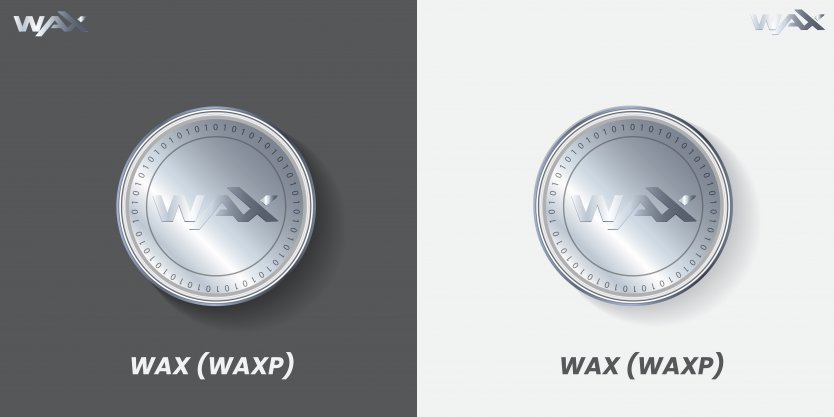 Digital image of two WAXP coins, one on a grey background the other on a white background