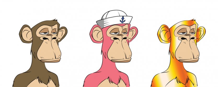 Bored Ape Yacht Club NFTs showing three individual designs lined up in a row. The left ape is traditional, the middle one is pink and wears a sailor's cap and the right ape has orange and yellow striped fur