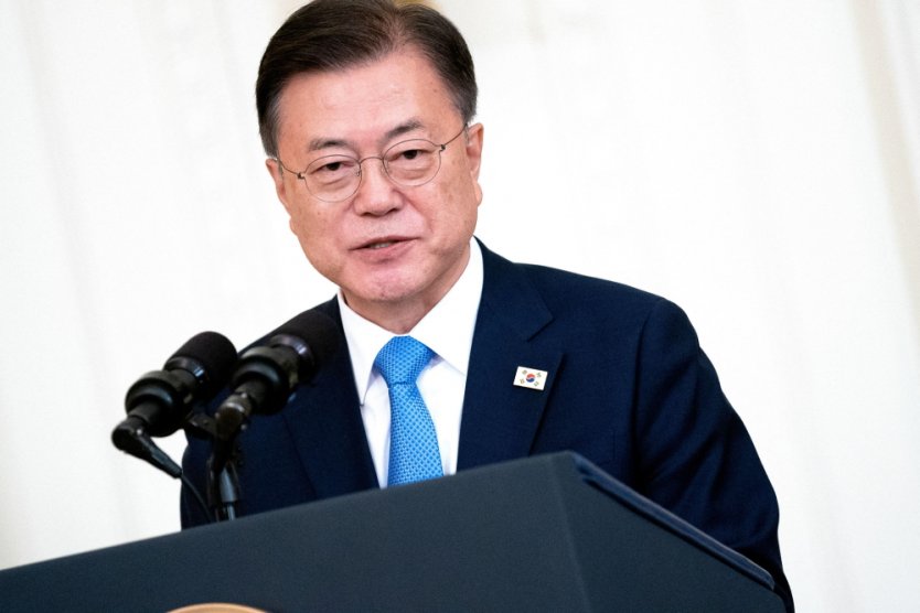 South Korean President Moon Jae-in speaks during a Medal of Honor ceremony in the East Room of the White House in Washington on Friday, May 21, 2021