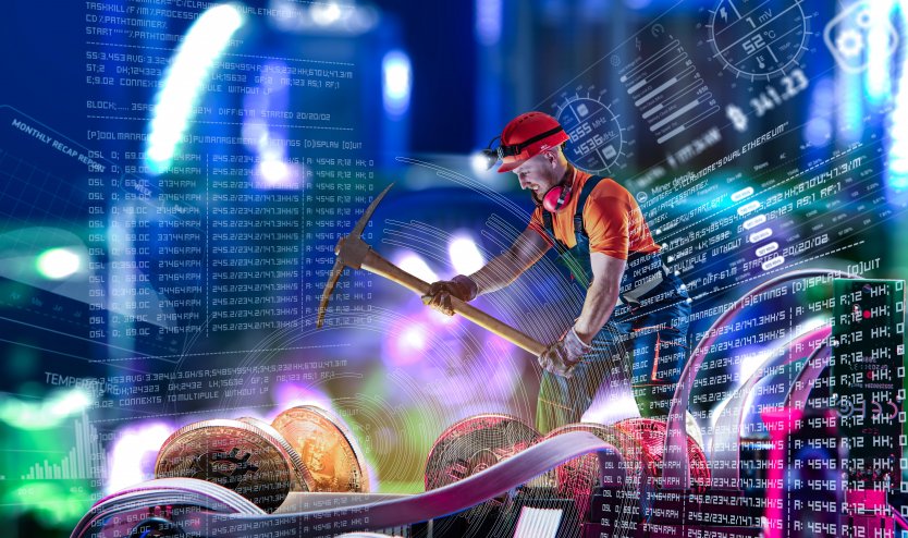 Miner with pickaxe hacking at crypto coins