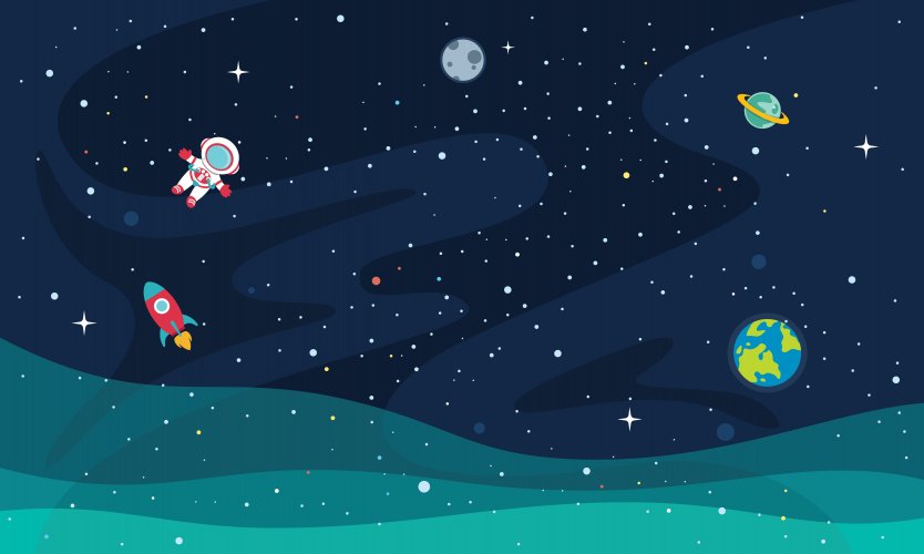 Cartoon of space, with spaceman, rocket, moon and planets