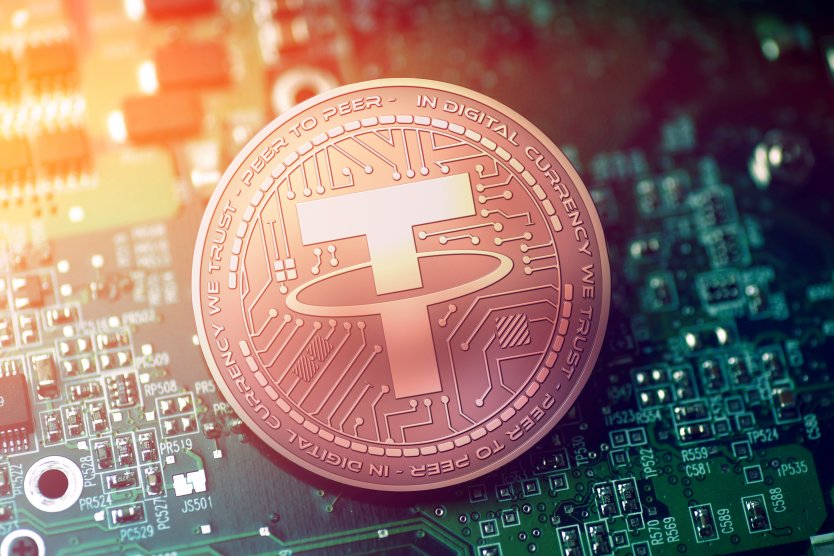 A Tether coin on a circuit board