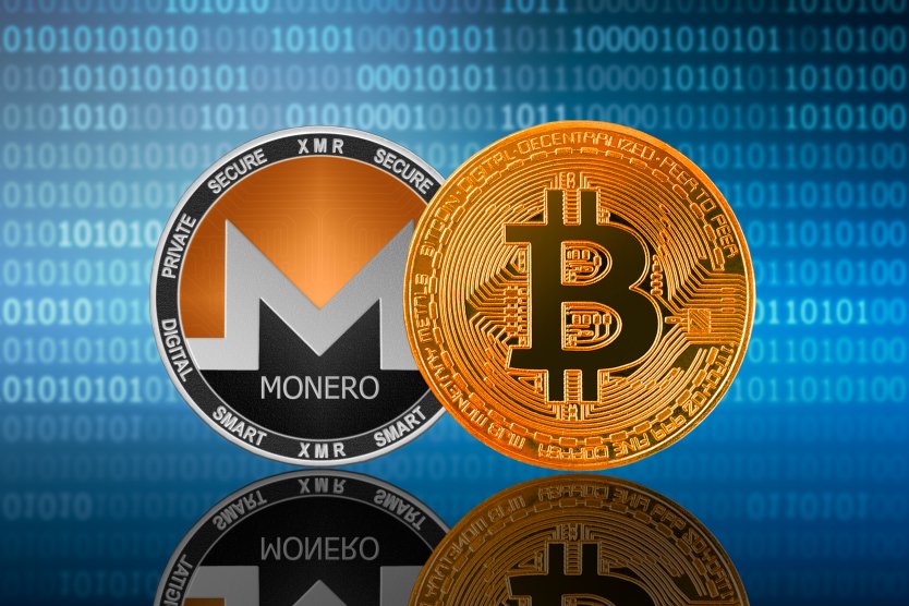 Monero and Bitcoin tokens on a blue background