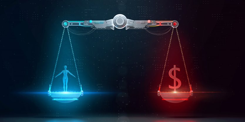 Futuristic-looking scales, person on one side, dollar sign on the other – Photo: Shutterstock