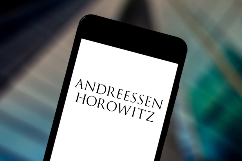 Andreessen Horowitz company name displayed on a smartphone