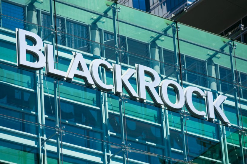BlackRock sign and logo on glass front of their building in San Francisco, USA, Circa, 2019