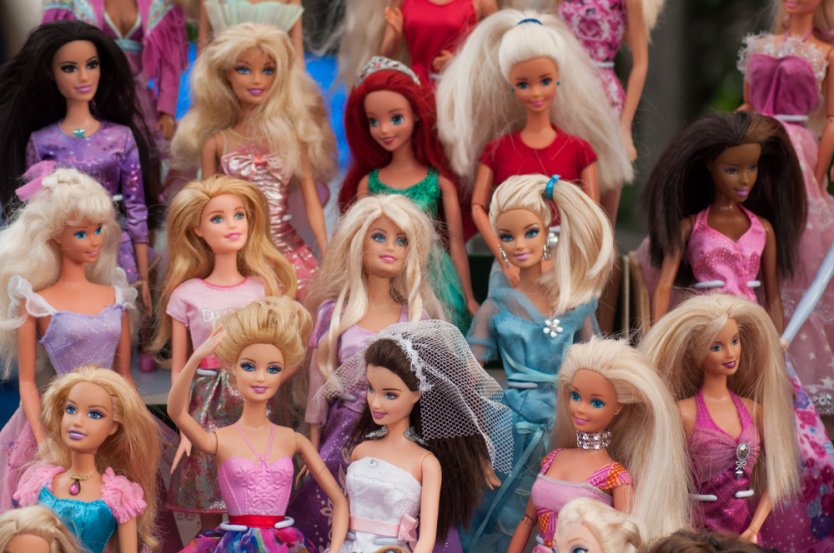 Closeup of a Barbie doll collection