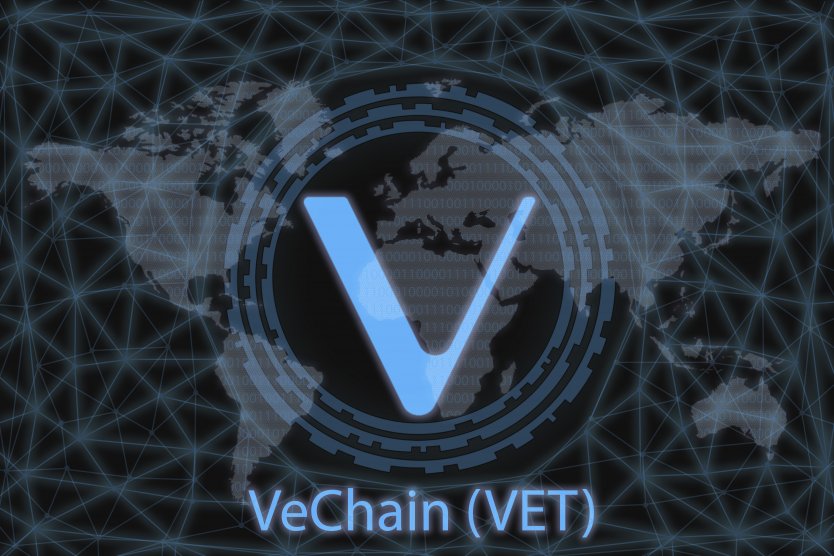 VeChain (VET) logo on a dark background and a world map